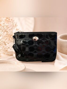 Coach Black Patent Signature Wristlet with Silver Hardware